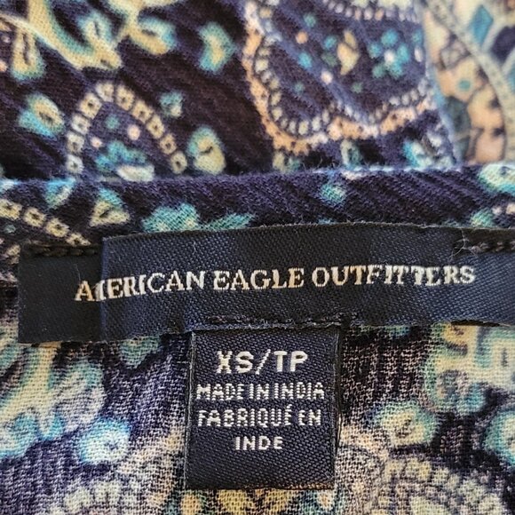 American Eagle Gauzy Babydoll Boho Peasant Blue Paisley Mini Dress - Picture 10 of 14